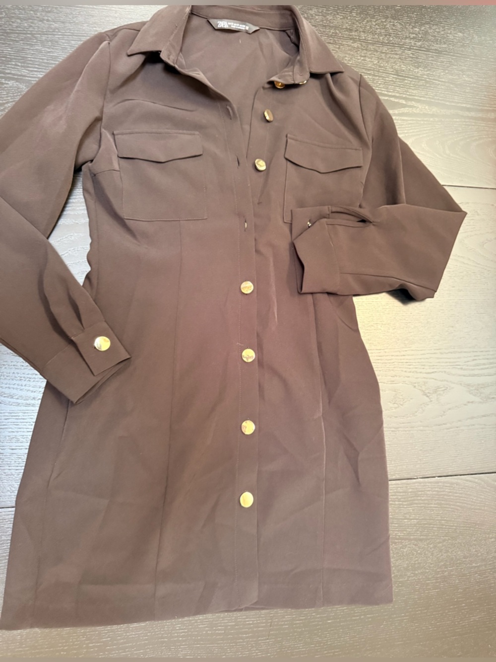 Zara Black Long Sleeve Shirt Dress with Gold Buttons